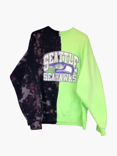 Handmade Seattle Seahawks Bleached Navy Lime Half and Half Crewneck Sweatshirt