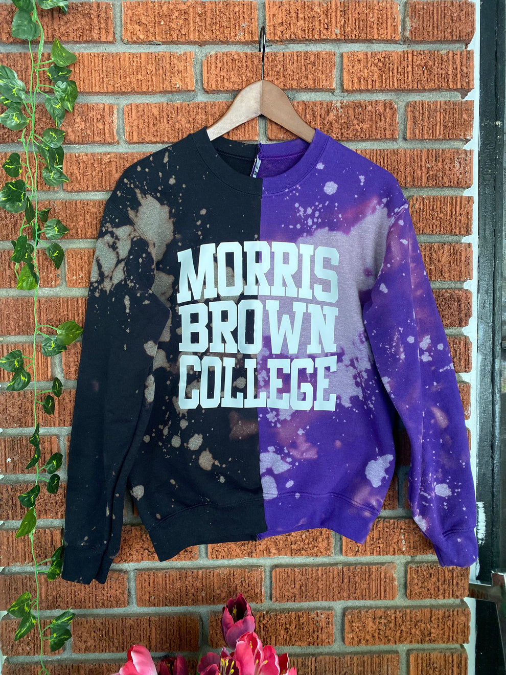 Handmade Morris Brown Purple Black Half and Half Hand Bleached Crew Neck Unisex Sweatshirt