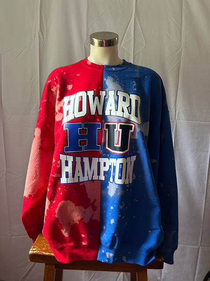 Handmade Howard-Hampton "HU" Half and Half Red and Royal Hand Bleached Sweatshirt