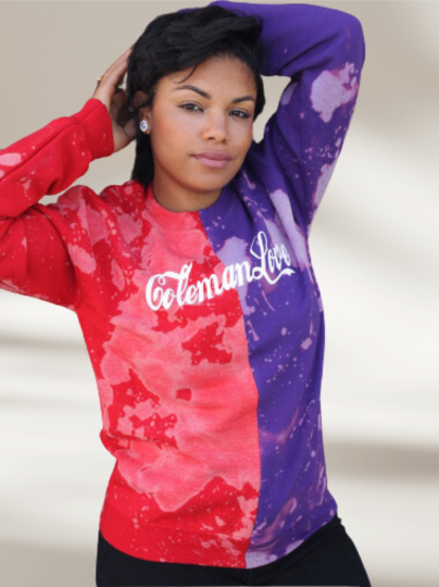 Handmade Coleman Love Purple Red Hand Bleached Half and Half Crew Neck Unisex Sweatshirt
