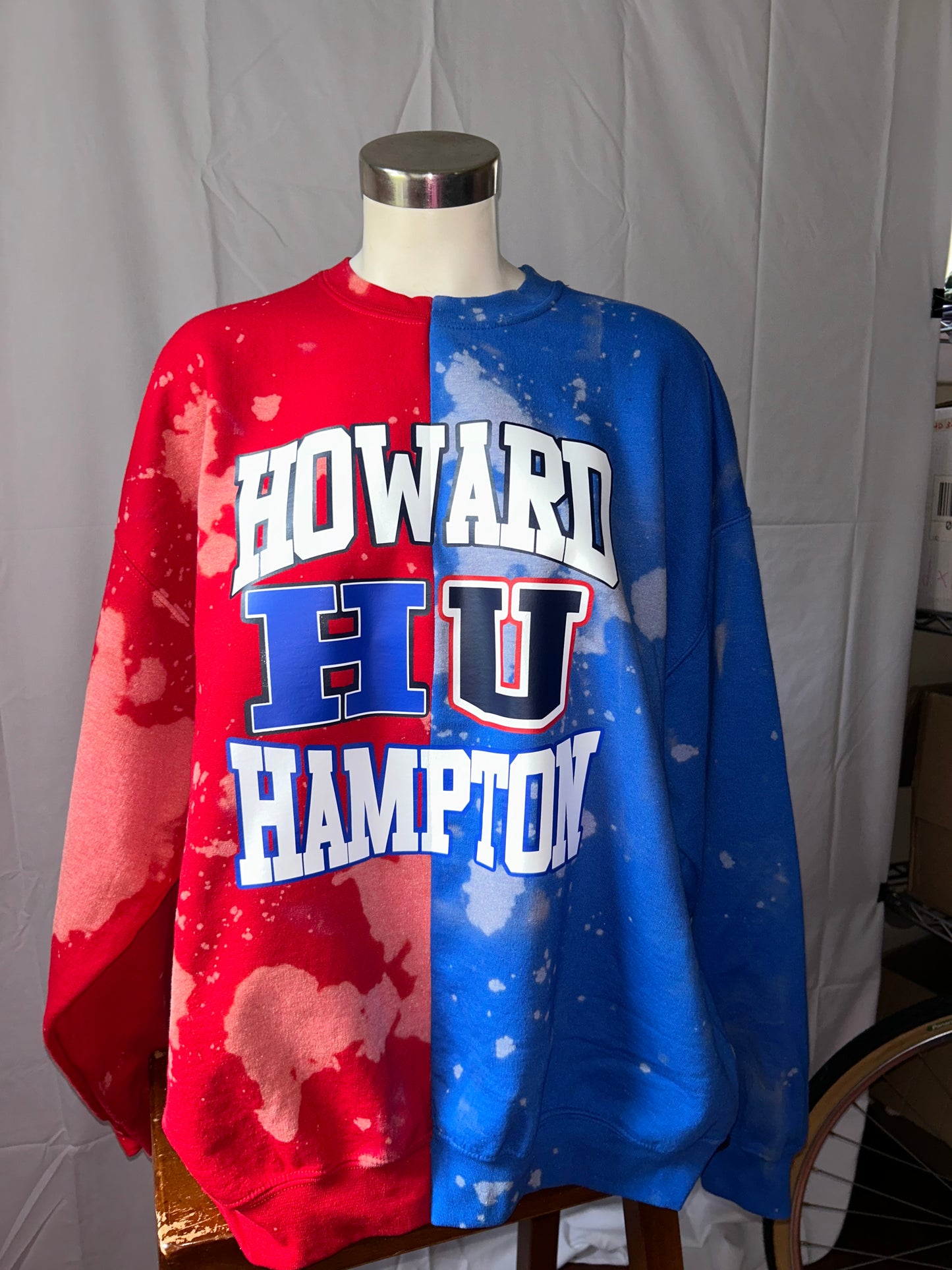 Howard university versus Hampton university house divided half and half sweatshirt red and royal blue and navy fleece cotton shirt