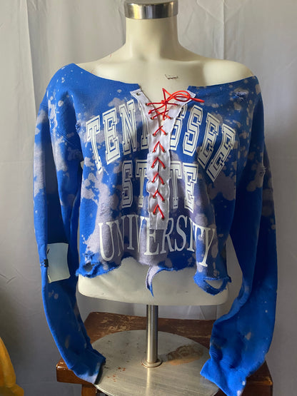Handmade TSU Distressed Lace-Up Off-Shoulder Cropped Sweatshirt