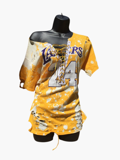 Handmade Los Angeles Lakers 24 Yellow Purple White Lace Up Distressed T-Shirt