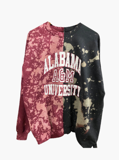 Handmade Alabama A & M University Maroon and Black Bleached half and half Crew neck Sweatshirt