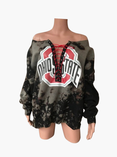 Handmade Ohio State University Lace Up Distressed Sweatshirt - Cami Co. Lace Designs