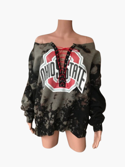 Handmade Ohio State University Black Hand Bleached Red Lace Up Distressed Sweatshirt