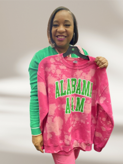Handmade Alabama A & M AKA Color-Way Hand Bleached Crewneck Sweatshirt