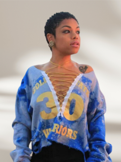 Handmade Golden State Royal Blue Bleached Yellow Gold Distressed Lace Up Sweatshirt