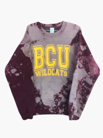 Handmade Bethune Cookman Wildcats Maroon Hand Bleached Light Distress Crew Neck Sweatshirt