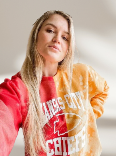 Handmade Kansas City Chiefs Red Gold Bleached Half and Half Crew Sweatshirt