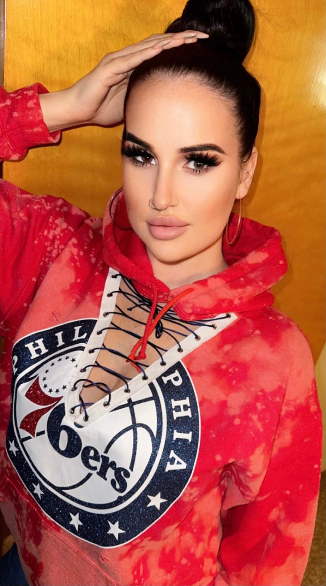 Handmade Philadelphia 76ers Red White Lace Up Hoodie