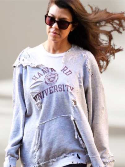 Handmade Kourtney Kardashian Inspo 12 oz Harvard University Heavy Distress Ash Grey Deep Red Hooded Sweatshirt