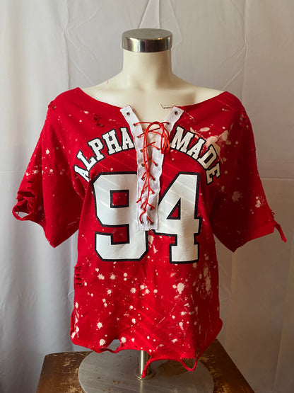 The "Sids" Handmade Alpha Made 'Your Year' White Glitter on Red Dyed Lace Up T-Shirt