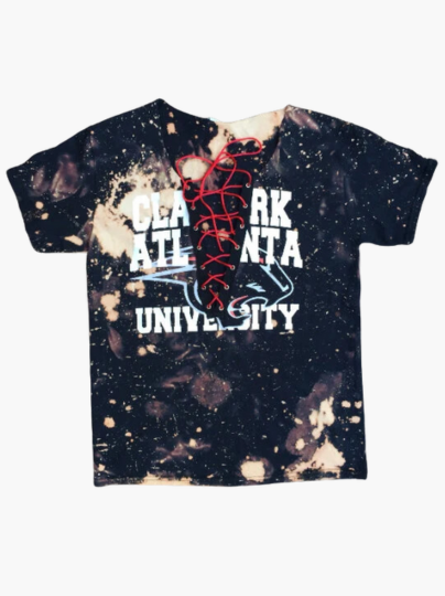 Handmade Clark Atlanta University Black Bleached Red Lace Up Panther Print Off Shoulder T-Shirt