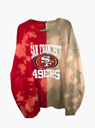 Handmade San Francisco 49ers Old Gold and Red Hand Bleached Half and Half Sweatshirt