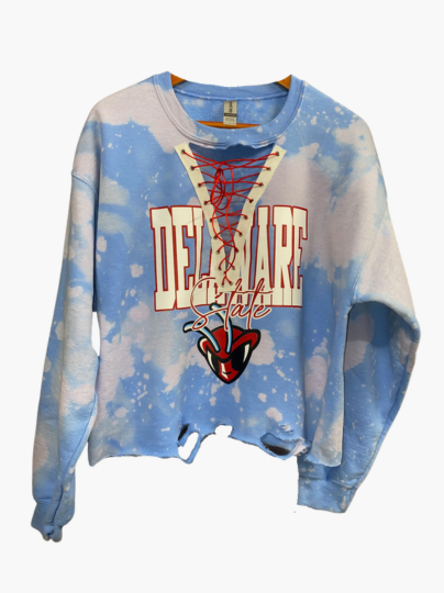 Handmade Delaware State Light Blue Lace Up Hand Bleached Sweatshirt