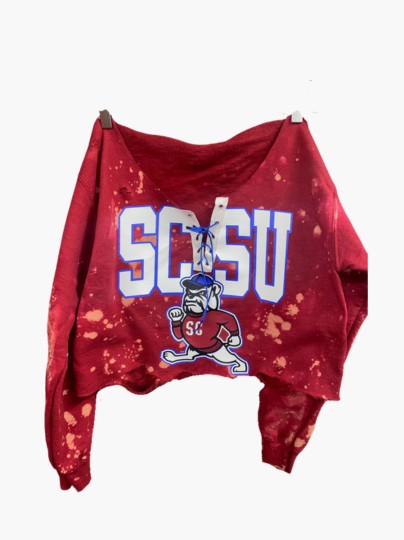 Handmade SCSU Bulldog Lace Up Garnet Navy Hand Bleached Sweatshirt (South Carolina State)