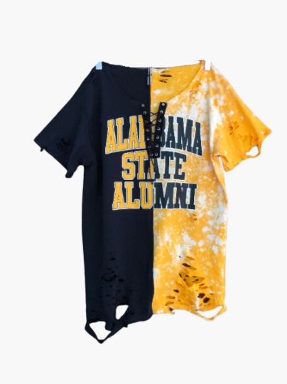 Handmade Alabama State Alumni Gold Black Hand Bleached Half and Half Distressed Off-Shoulder Lace-Up T-Shirt