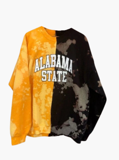 Handmade Alabama State Black Gold Hand Bleached Half and Half Crew Neck Unisex Sweatshirt