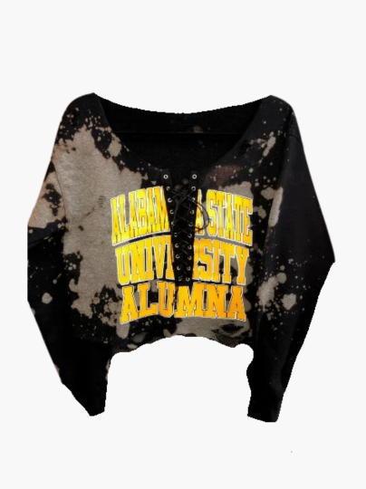 Handmade Alabama State University Alumna Black Distressed Lace Up Cropped Sweatshirt