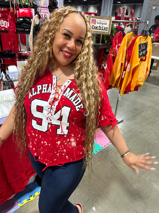 The "Sids" Handmade Alpha Made 'Your Year' White Glitter on Red Dyed Lace Up T-Shirt