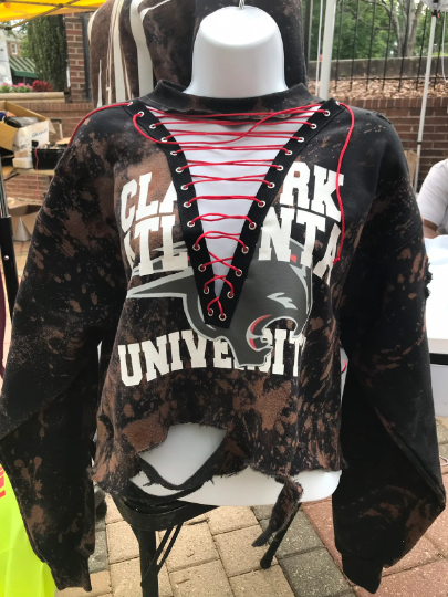 Handmade Clark Atlanta University Black Red White Hand Bleached Keep The Collar Lace Up Sweatshirt Distressed