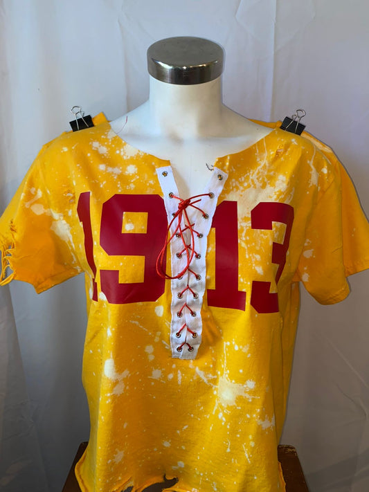 DST 1913 Yellow Gold Lace Up T-Shirt. DST 1913 T-Shirt, DST 1913  Lace Up T-Shirt, DST 1913 Yellow Gold T-Shirt