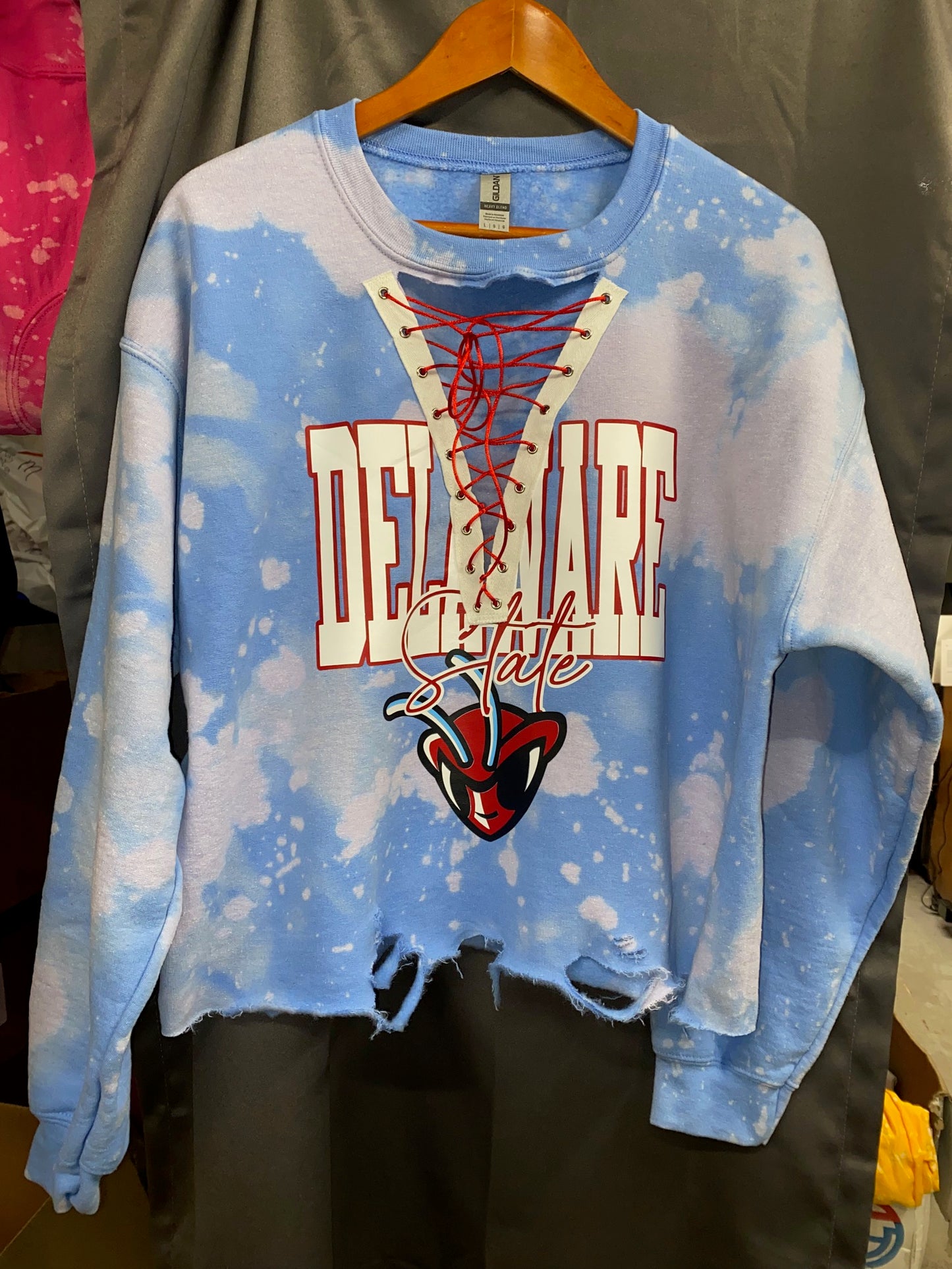 Handmade Delaware State Light Blue Lace Up Hand Bleached Sweatshirt