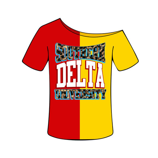 Preorder | Southern University Delta Half-and-Half Off-Shoulder Tee | Delivers by September 1