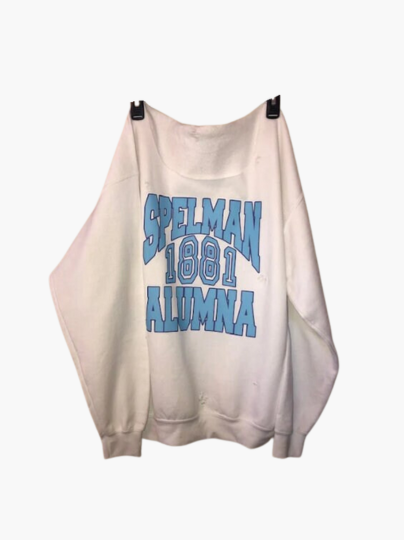 Handmade Spelman 1881 Alumna Baby Blue on White Off Shoulder Sweatshirt