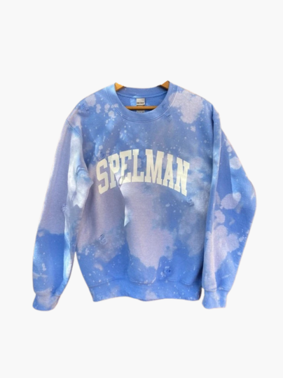 Handmade Spelman College Baby Blue Hand Bleached Off Shoulder Super Crop Distressed Sweatshirt