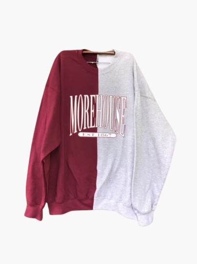 Handmade Morehouse 1867 Maroon and Sports Grey Half and Half Crew Neck Sweatshirt