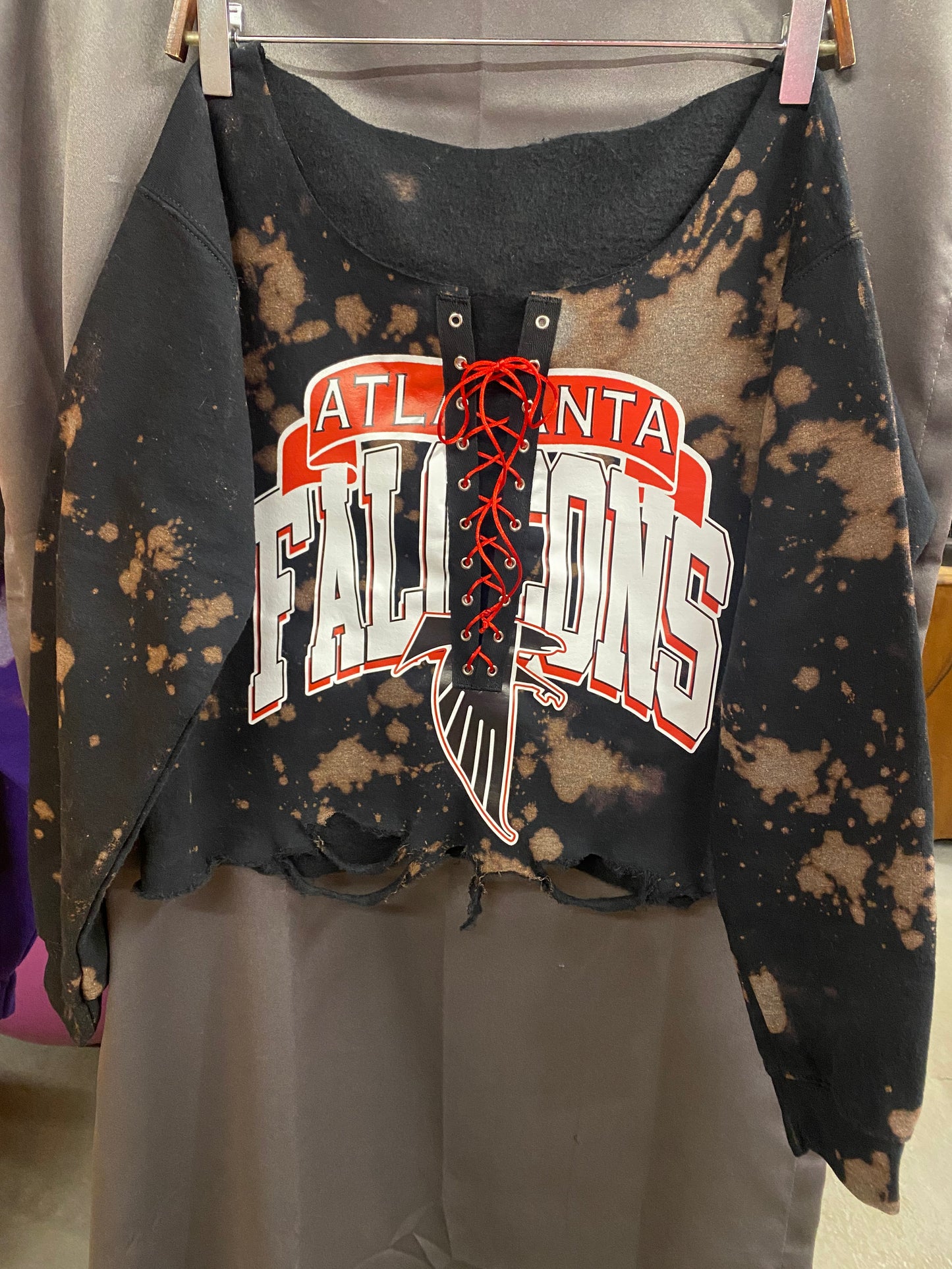Handmade Atlanta Falcons Black Lace Up Hand Bleached Sweatshirt