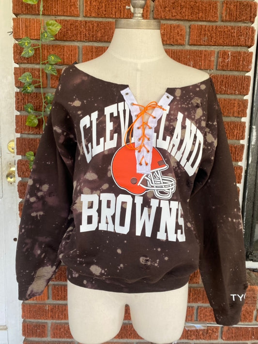  Cleveland Browns Football Hand Bleached Lace Up Sweatshirt, Lace Up Sweatshirt