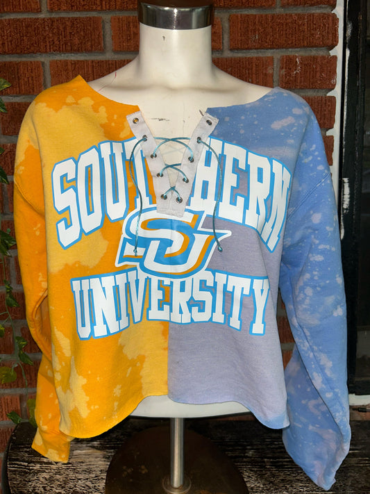  Southern University Lace Up Half and Half Sweatshirt , half and half sweatshirt, lace up sweatshirt