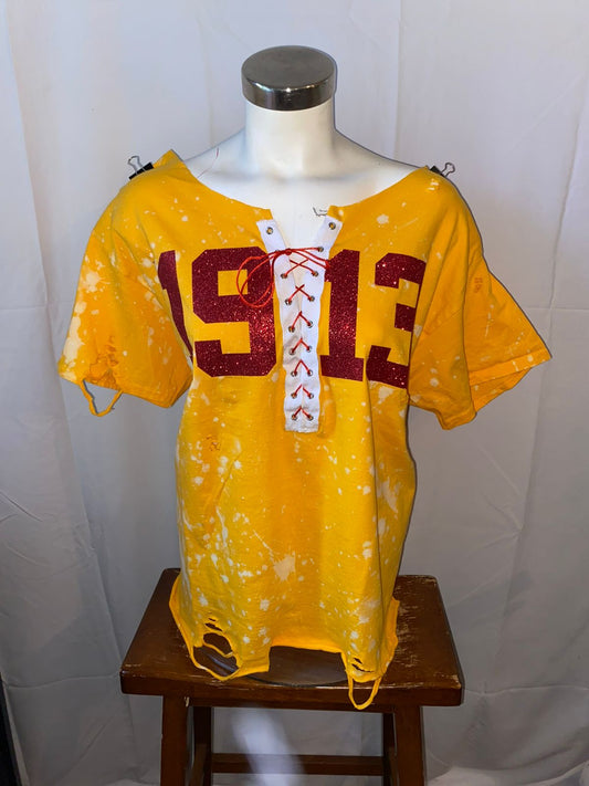 1913 Red Glitter on Yellow Gold Lace Up T-Shirt,  1913  Gold Lace Up T-Shirt