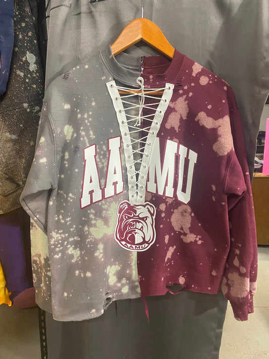 Alabama A&M Custom Charcoal Maroon Hand Bleached Half and Half Lace Up Sweatshirt, Alabama A&M Custom Charcoal Maroon Half and Half Lace Up Sweatshirt