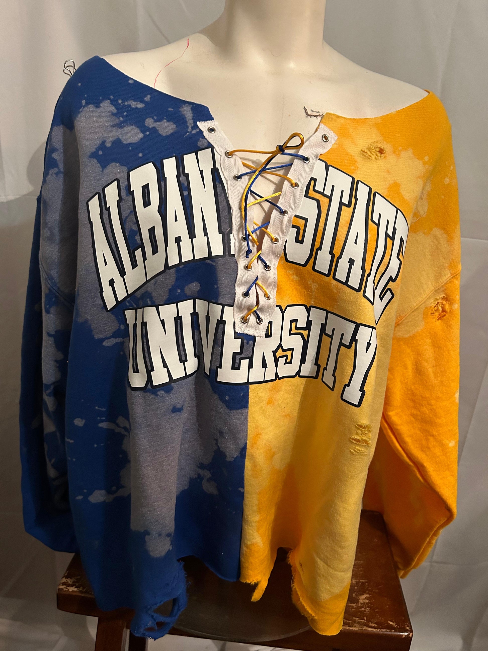  Albany State University Half and Half Off-Shoulder Lace-Up Sweatshirt,  Albany State University Sweatshirt