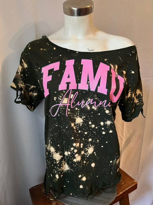 FAMU Alumni Hot Pink Glitter on Forest Bleached Crew Neck or Off-Shoulder T-Shirt , FAMU Alumni Hot Pink Glitter T-Shirt,