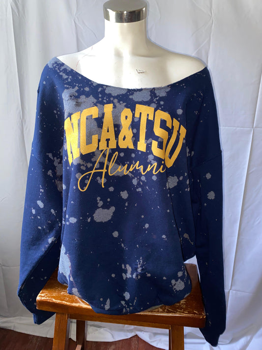  NCA&TSU Alumni  Sweatshirt,  NCA&TSU Alumni Yellow Glitter on Navy off Shoulder Sweatshirt