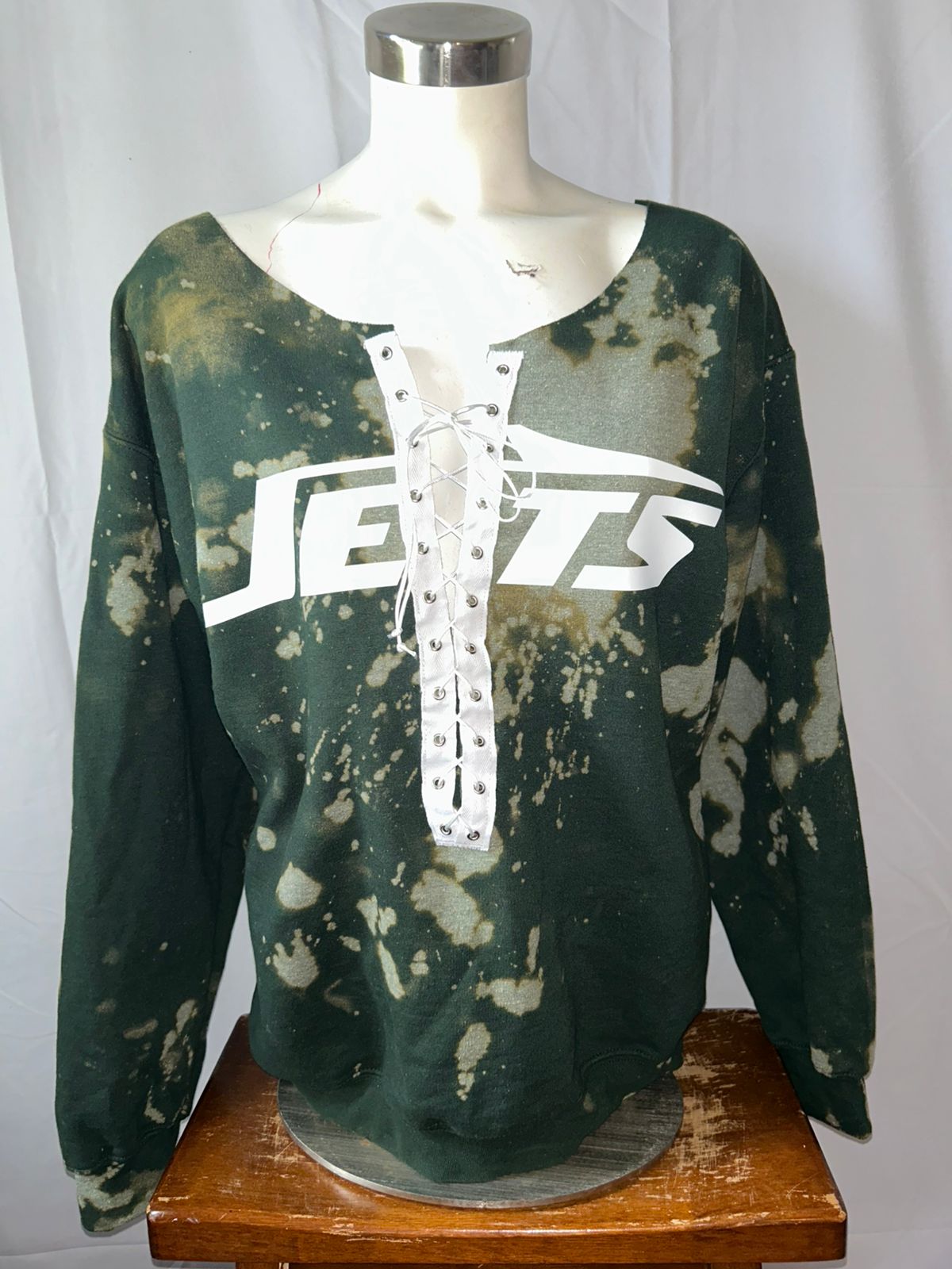  New York Jets Lace Up Forest Bleached Sweatshirt , Lace Up Forest Bleached Sweatshirt 