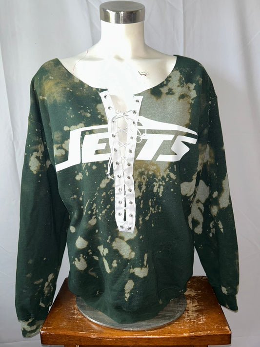  New York Jets Lace Up Forest Bleached Sweatshirt , Lace Up Forest Bleached Sweatshirt 
