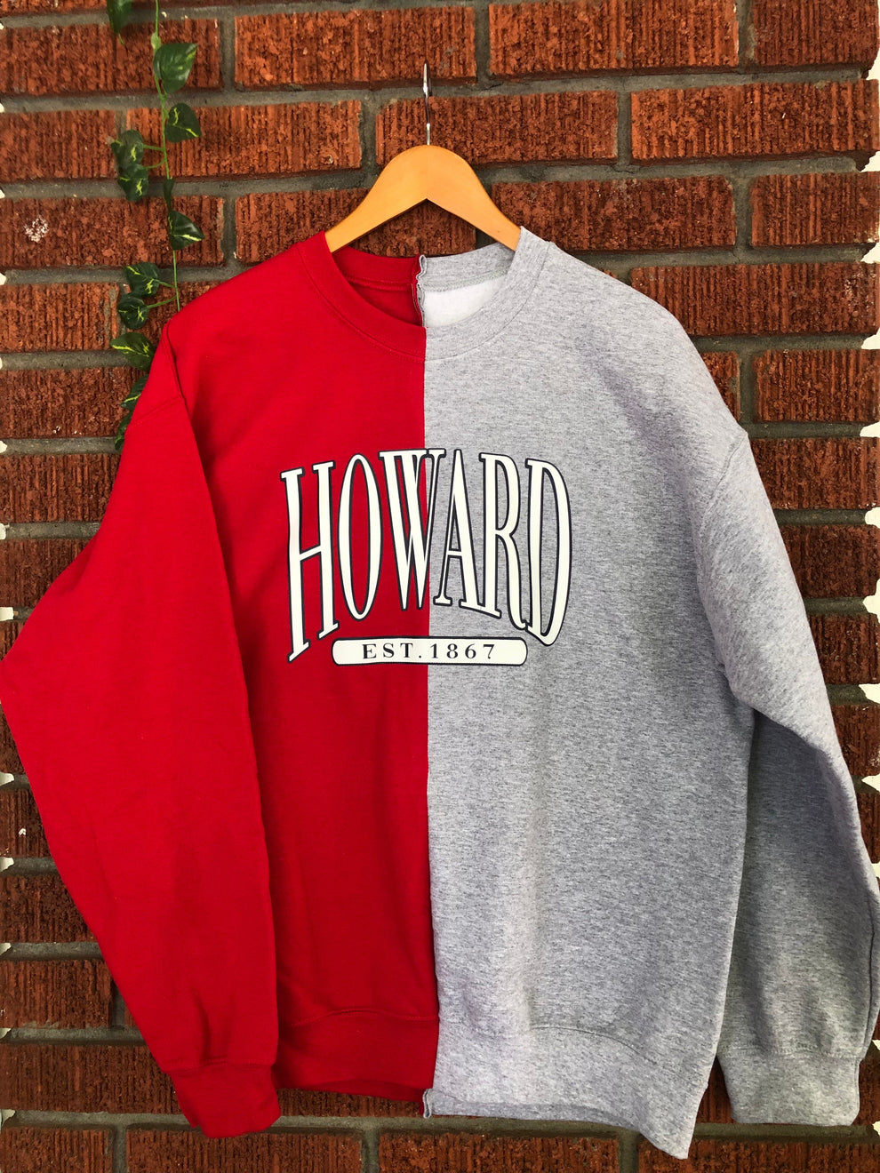 Handmade Howard 1867 Half and Half Red Grey Solid Crew Neck Sweatshirt