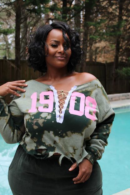 The Signature "Girls Night Out" Forest 1908 Stonewash Off-Shoulder Corset Sweatshirt