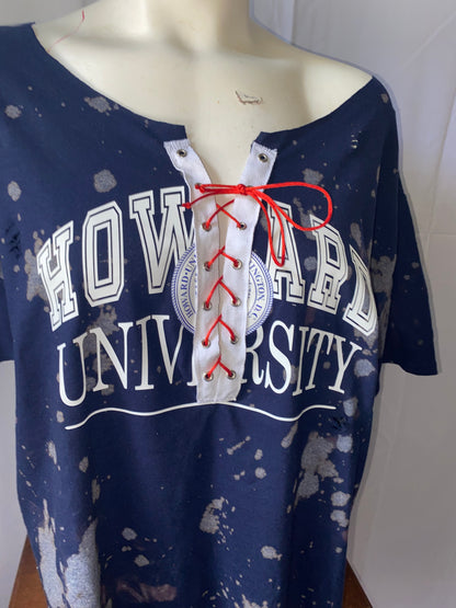Howard University Lace Up T-Shirt in Hand Bleached Navy