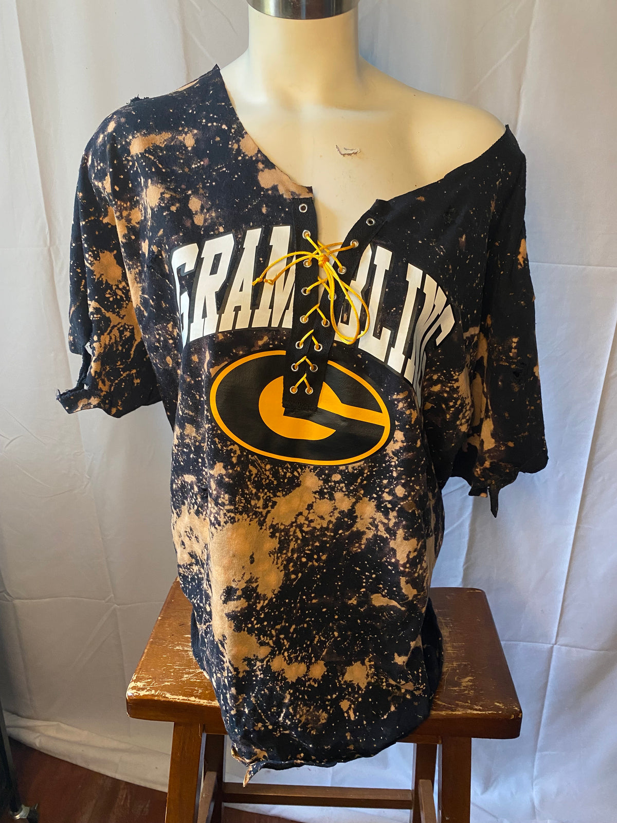 Handmade Grambling State University Lace Up Hand-Bleached T-Shirt in Black