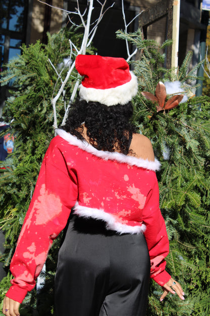 Santa's Little Helper Red Hand Bleached Holiday Super Crop Shrug Sweatshirt