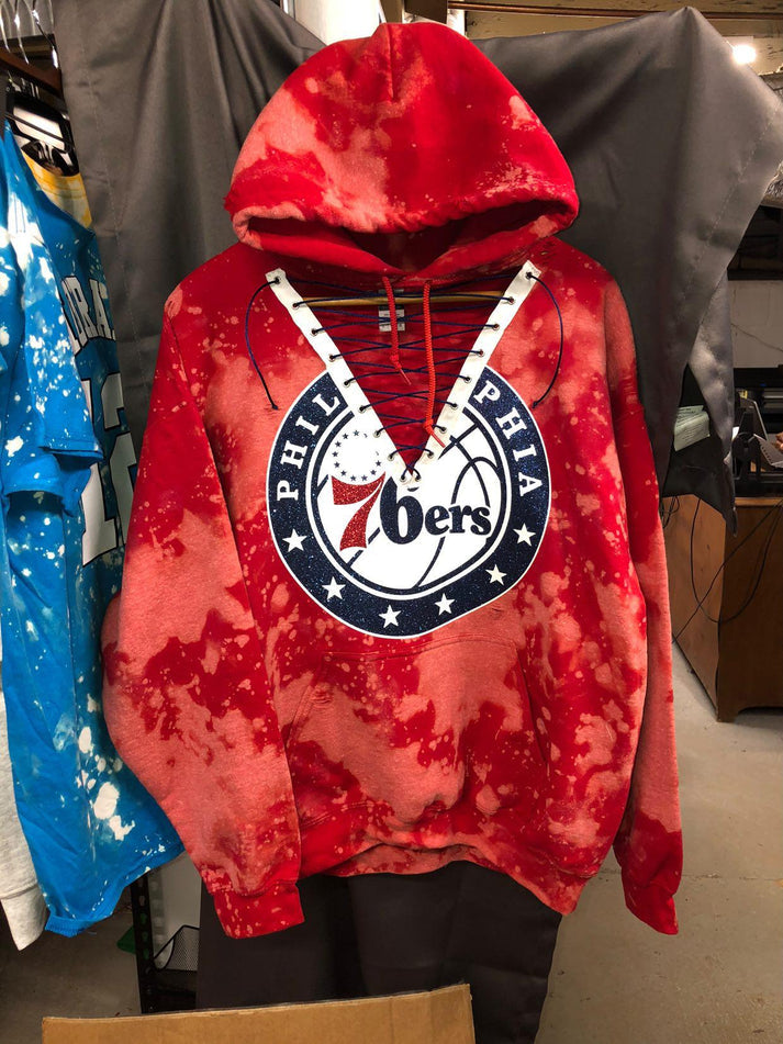 Handmade Philadelphia 76ers Red White Lace Up Hoodie