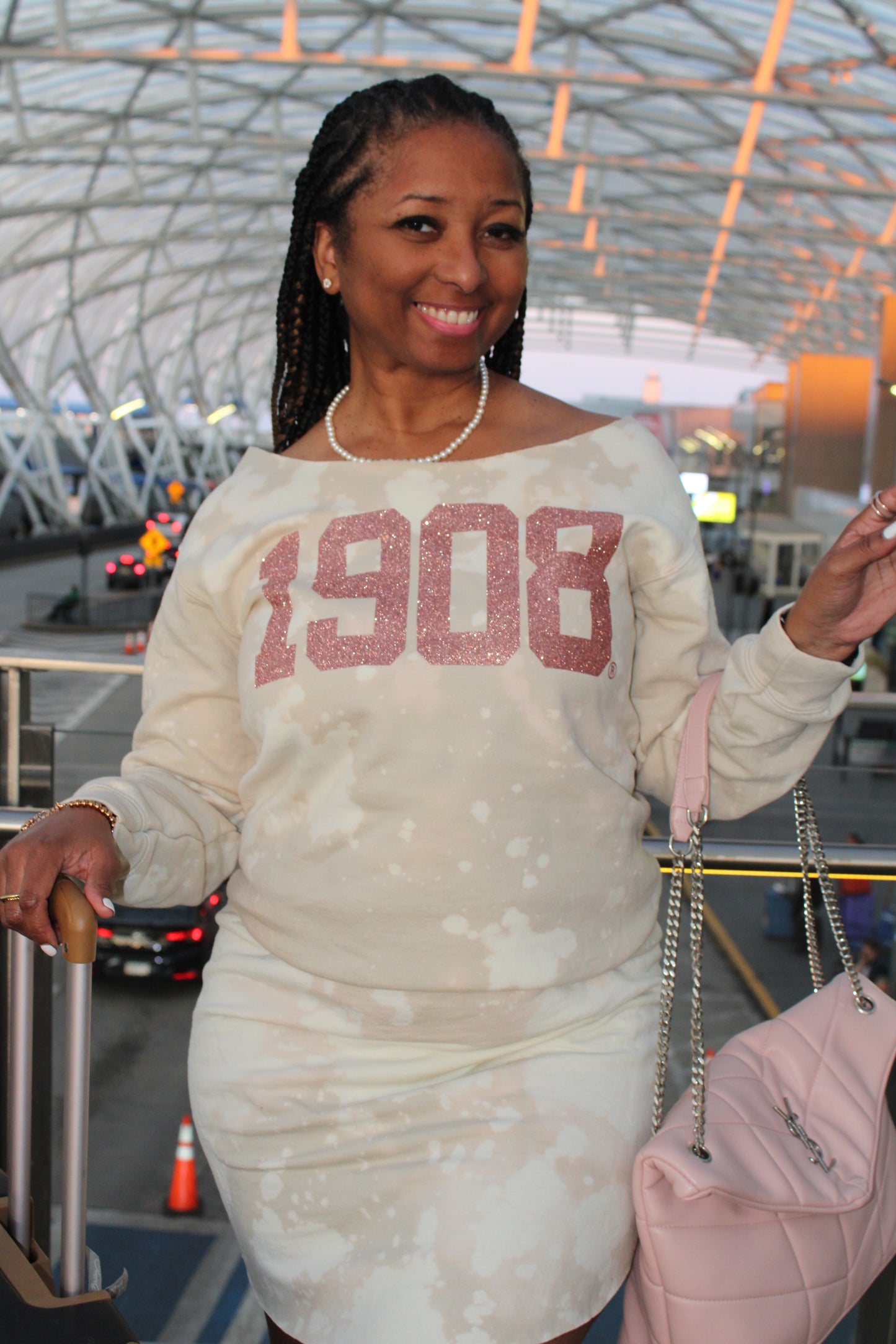 Handmade 1908 Rose Gold Glitter on Cream Crew Neck or Off Shoulder Sweatshirt