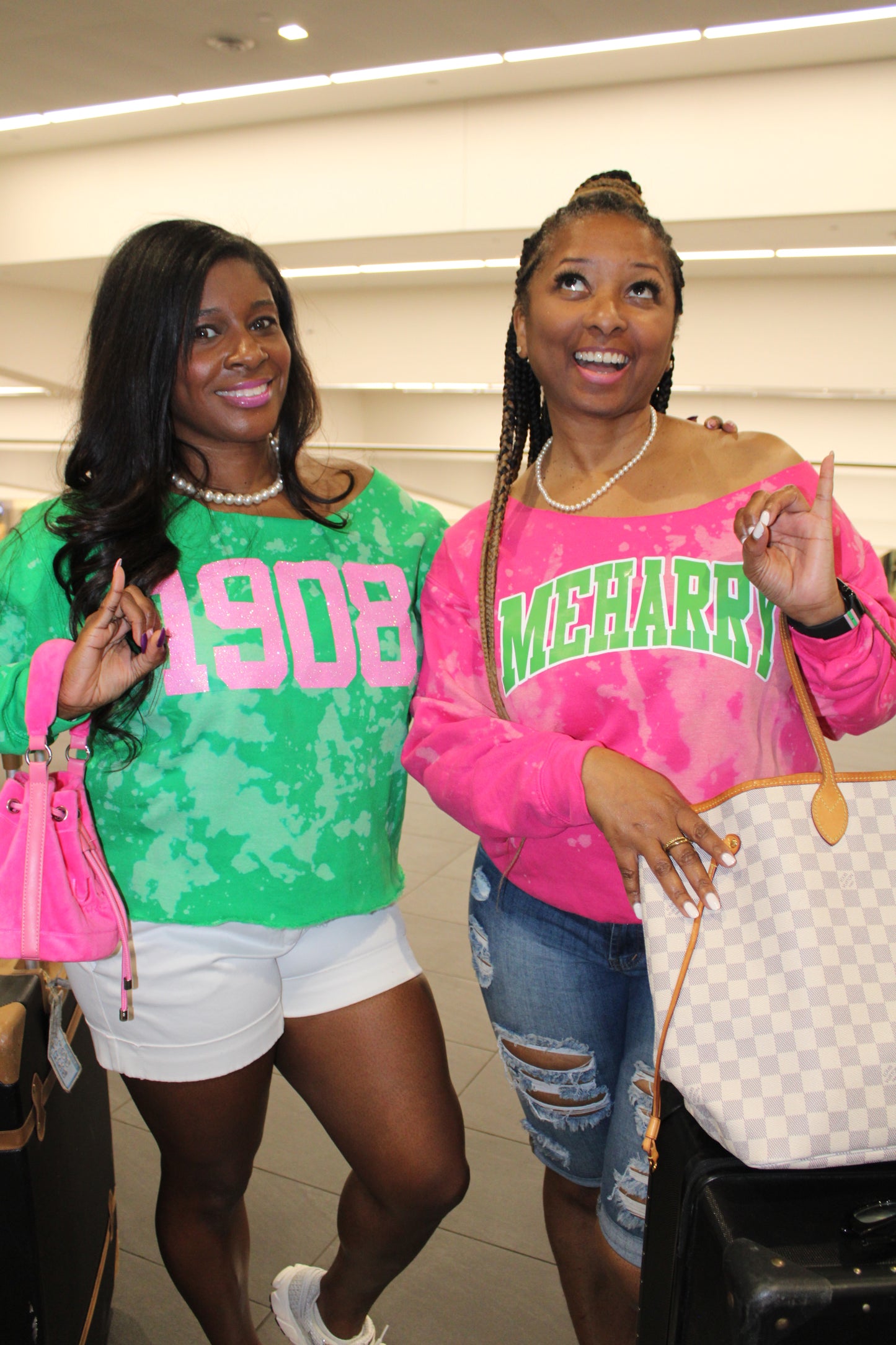 Handmade 1908 AKA Pink Glitter on Green Crew Neck or Off Shoulder Sweatshirt